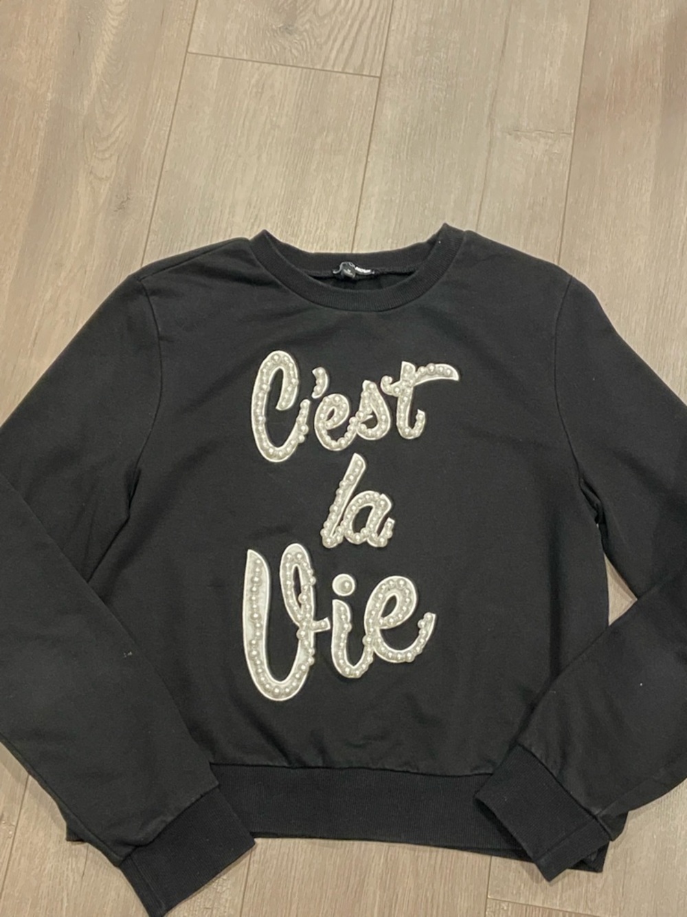 Fashion Nova Black Pearl-Embellished 'C'est la Vie' Crewneck Sweater